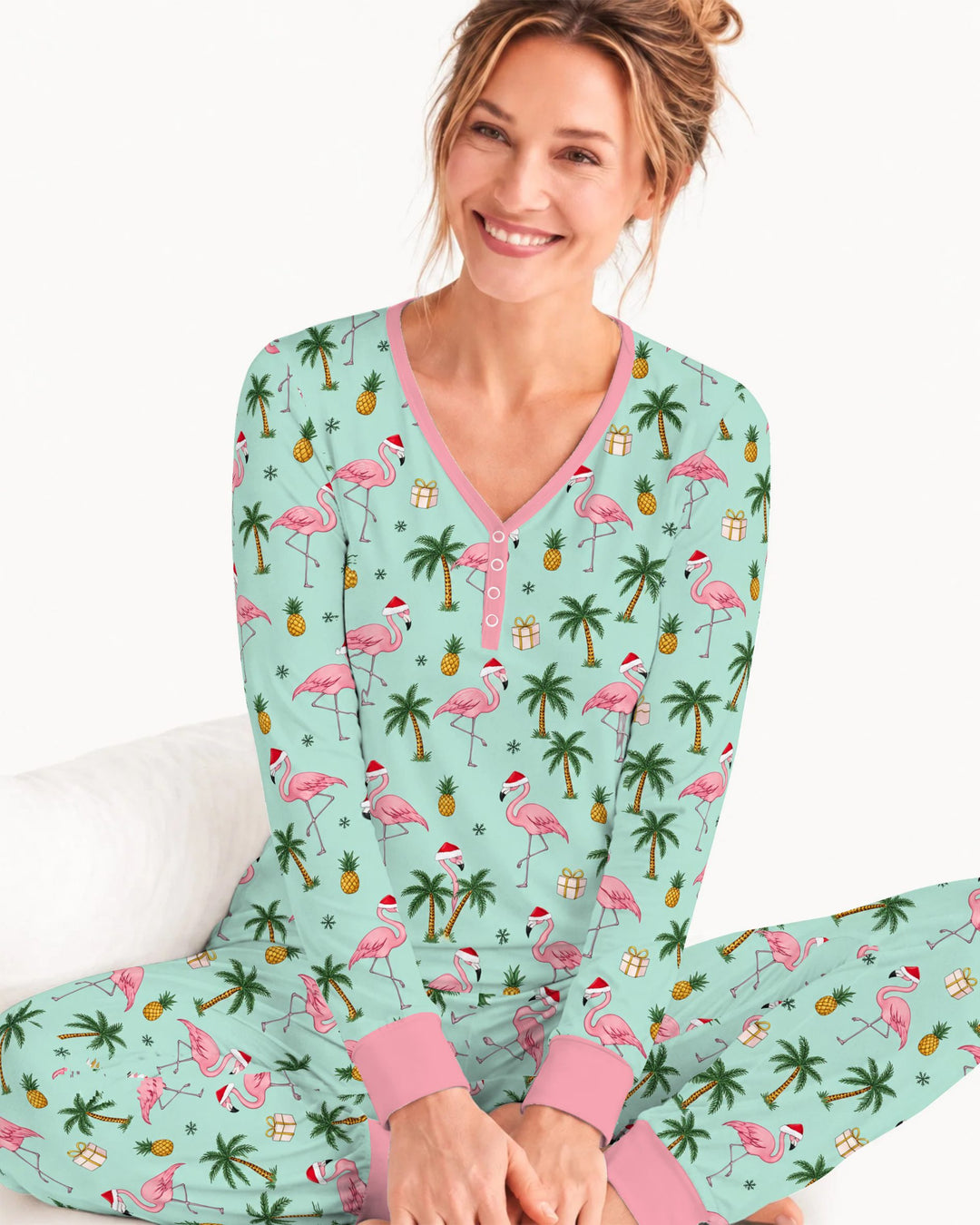 Tropical Christmas Flamingo Palm Tree Bamboo Women Pajama Set