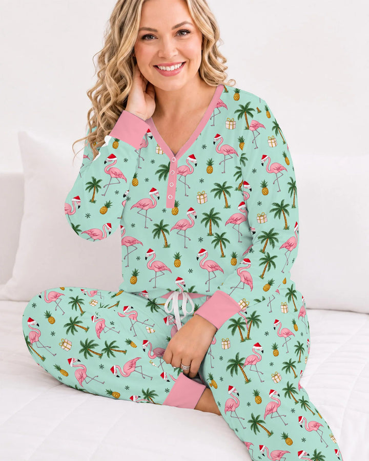 Tropical Christmas Flamingo Palm Tree Bamboo Women Pajama Set