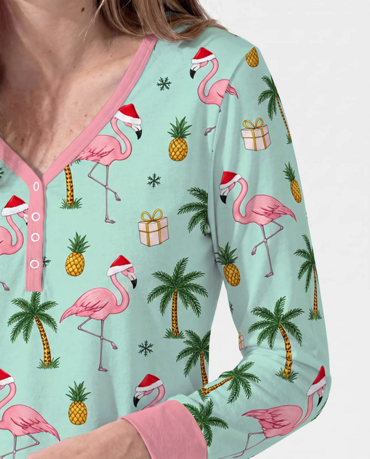 Tropical Christmas Flamingo Palm Tree Bamboo Women Pajama Set