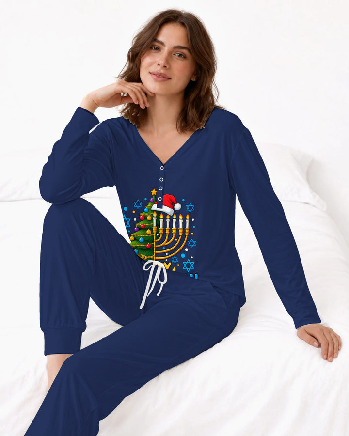 Happy Chrismukkah Christmas Menorah Bamboo Women Pajama Set