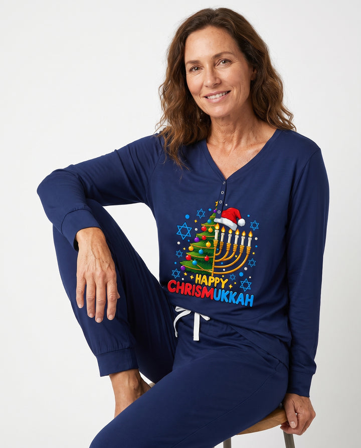 Happy Chrismukkah Christmas Menorah Bamboo Women Pajama Set