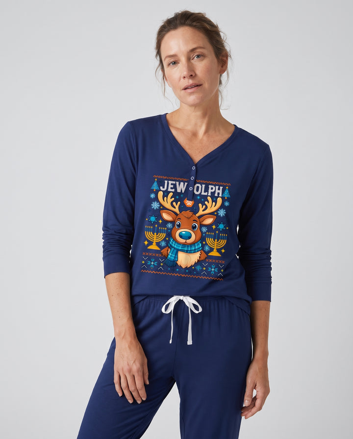 Jewdolph Hanukkah Reindeer Bamboo Women Pajama Set