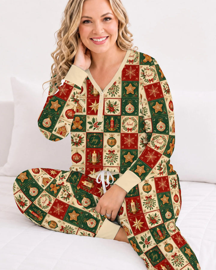 Vintage Christmas Holiday Patchwork Bamboo Women Pajama Set