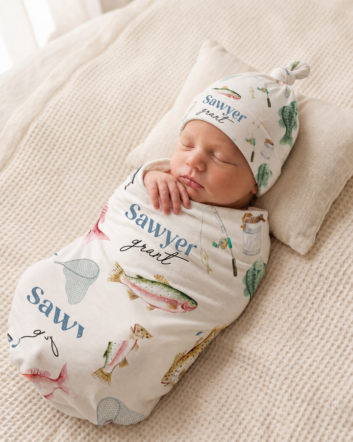 Personalized Baby Name Gone Fishing Bamboo Swaddle Blanket