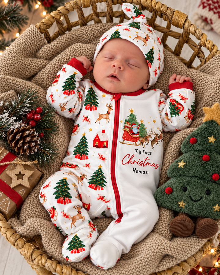 Custom Name Santa Sleigh First Christmas Bamboo Zippered Footie Romper