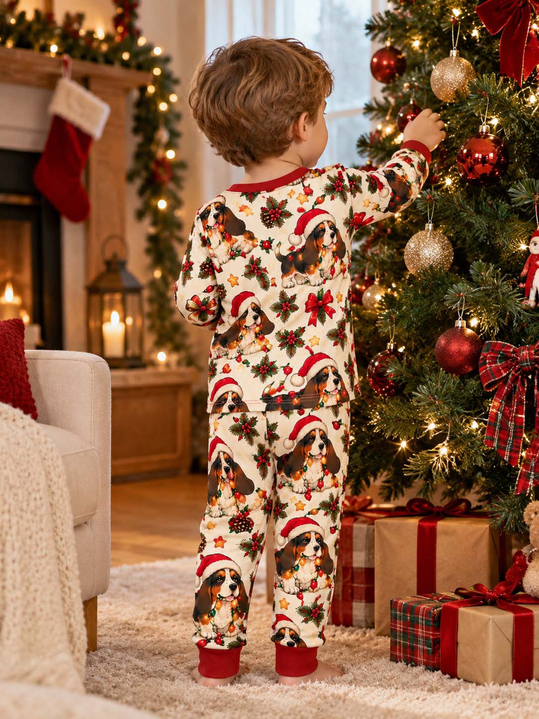 Basset Hound Christmas Lights Bamboo Two Piece Long Sleeve Pajama Set