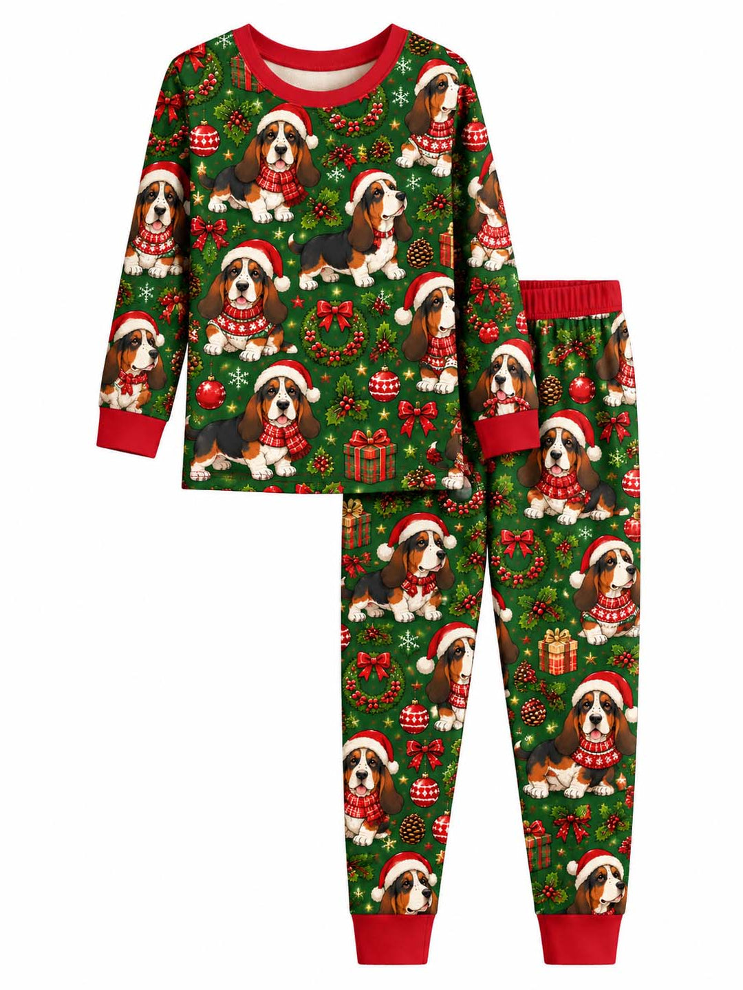 Basset Hound Holiday Wreath Bamboo Two Piece Long Sleeve Pajama Set