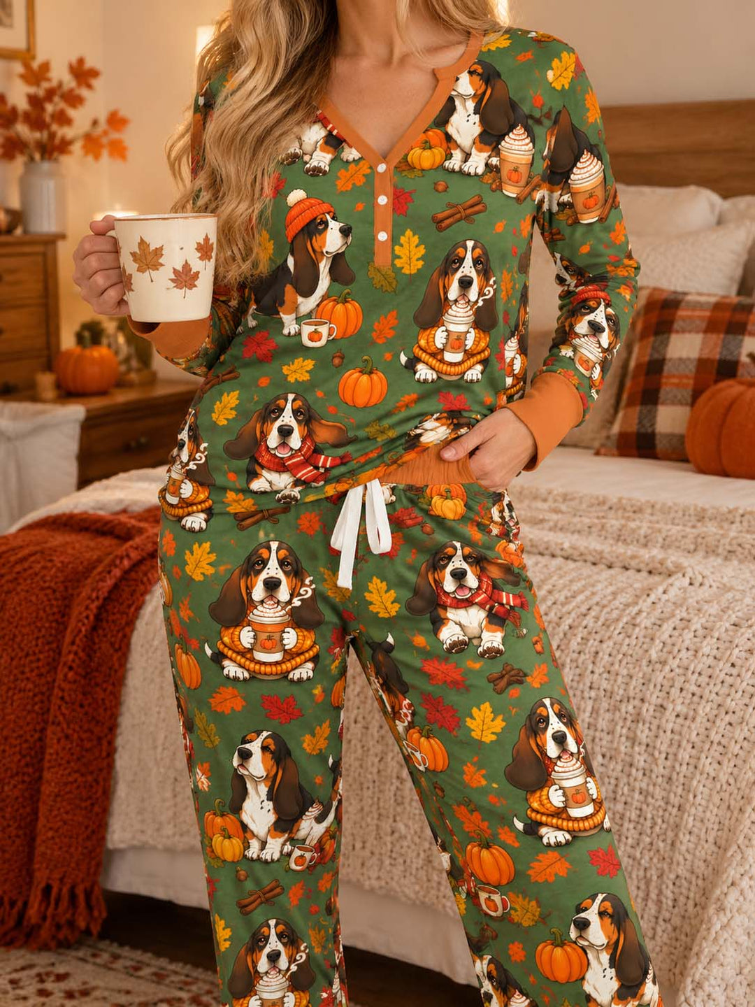 Basset Hound Pumpkin Spice Autumn Bamboo Women Pajama Set