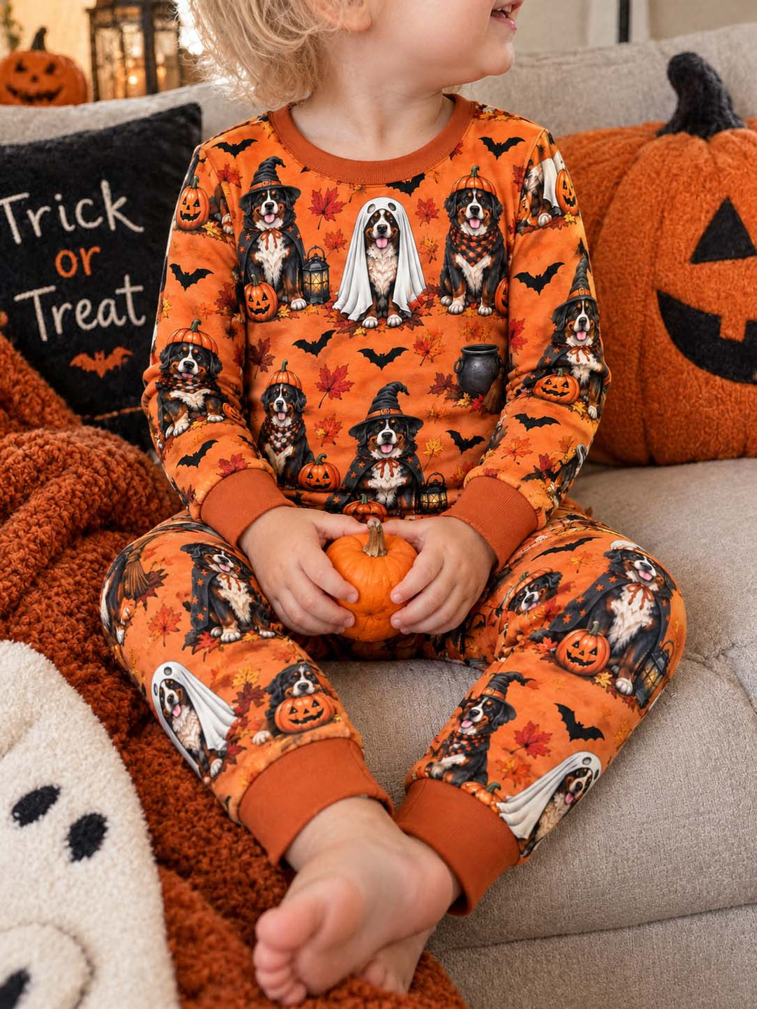 Bernese Mountain Dog Autumn Halloween Bamboo Two Piece Long Sleeve Pajama Set