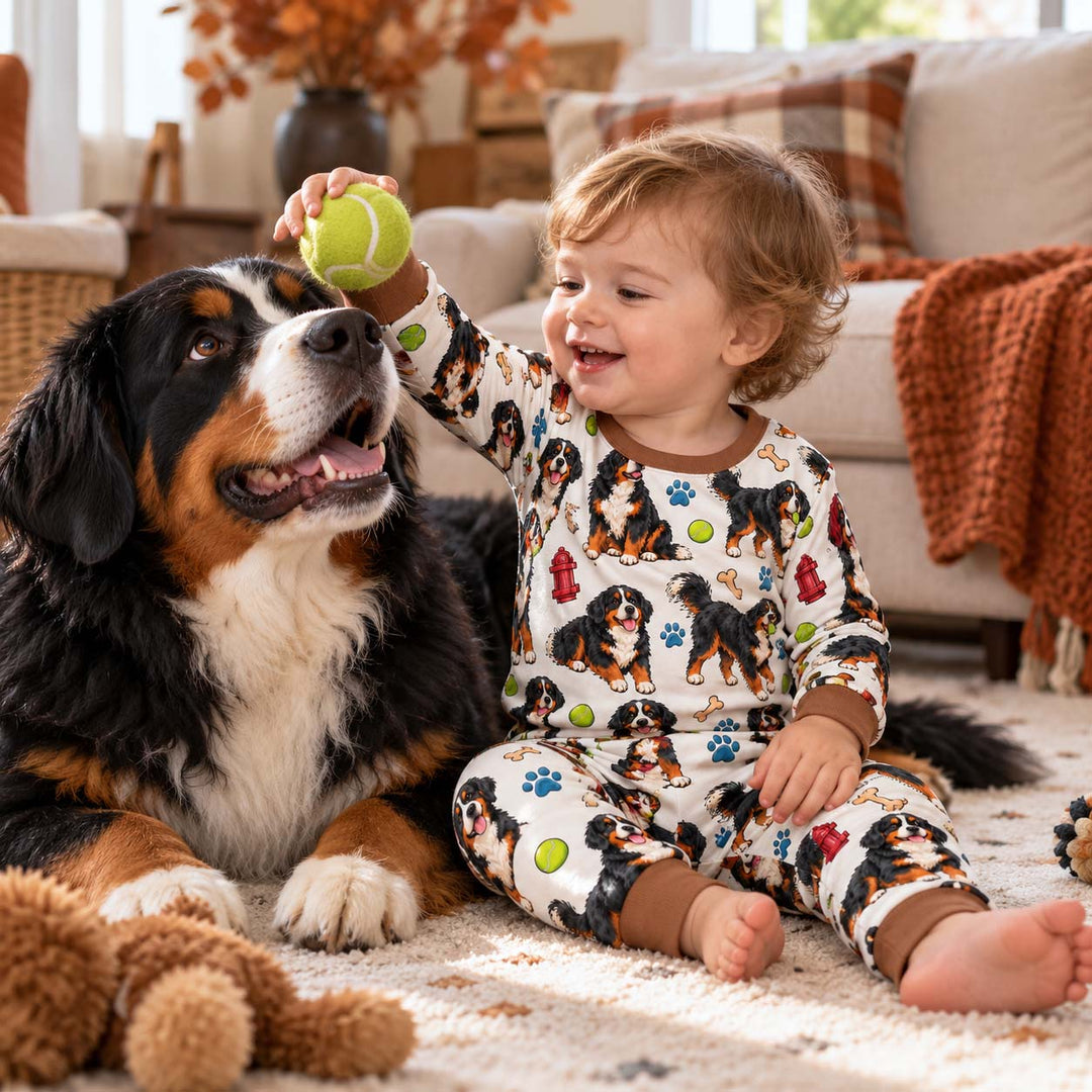Bernese Mountain Dog Fetch Fun Bamboo Two Piece Long Sleeve Pajama Set