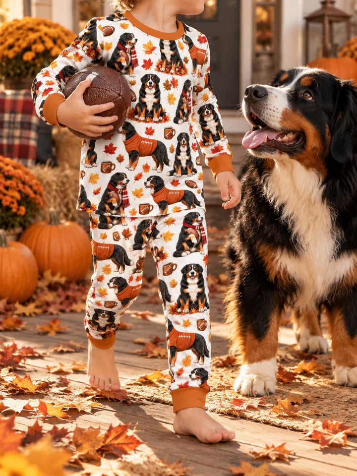 Bernese Mountain Dog Football Fall Bamboo Two Piece Long Sleeve Pajama Set