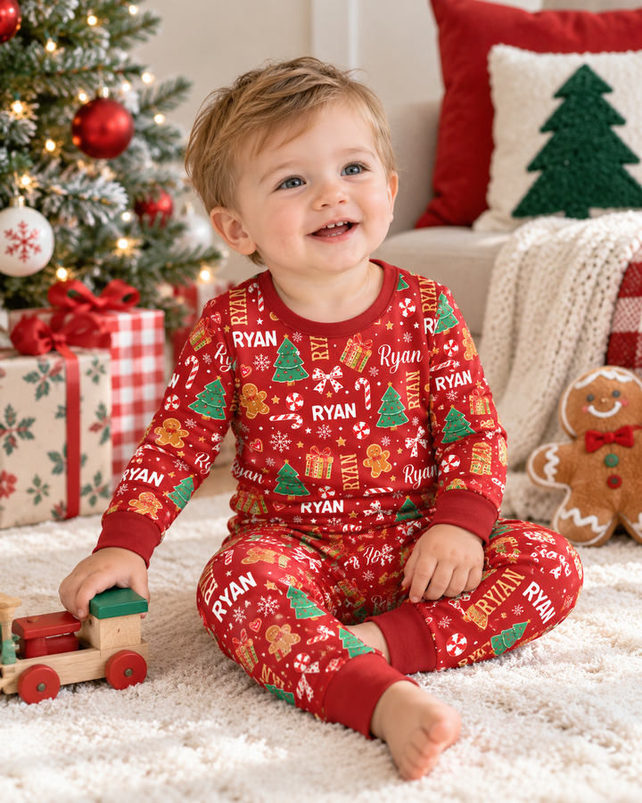 Custom Name Christmas Crew Family Matching Bamboo Two Piece Long Sleeve Pajama Set