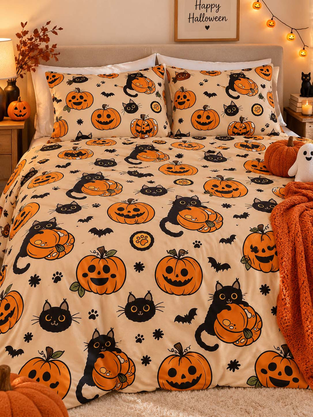 Black Cat Pumpkin Halloween Bamboo Bedding Set