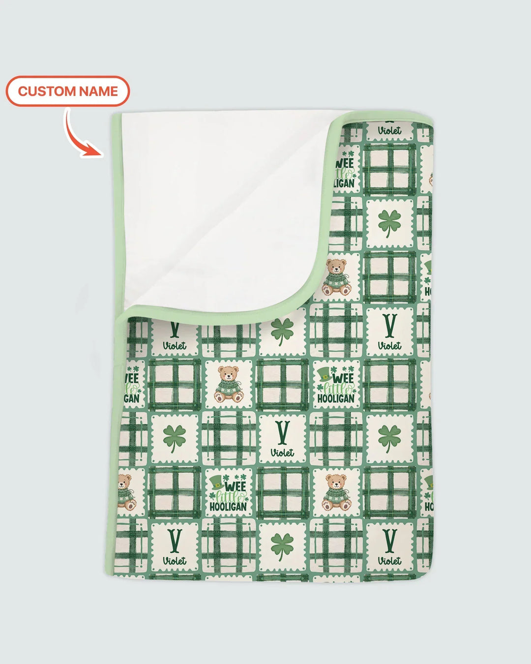 Custom Name Teddy Bear Gingham St. Patrick's Day Bamboo Blanket