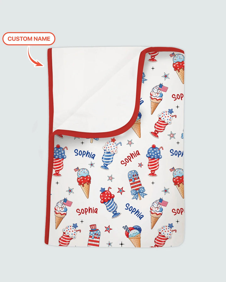 Custom Name Red, White & Ice Cream Bamboo Blanket