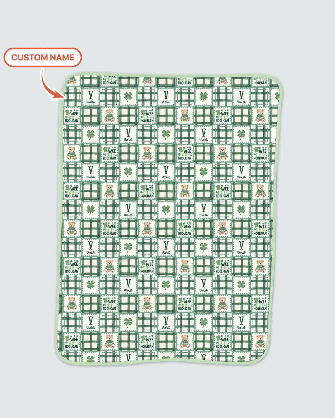 Custom Name Teddy Bear Gingham St. Patrick's Day Bamboo Blanket