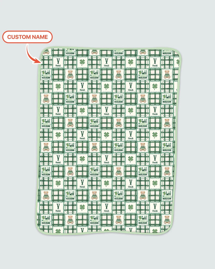 Custom Name Teddy Bear Gingham St. Patrick's Day Bamboo Blanket