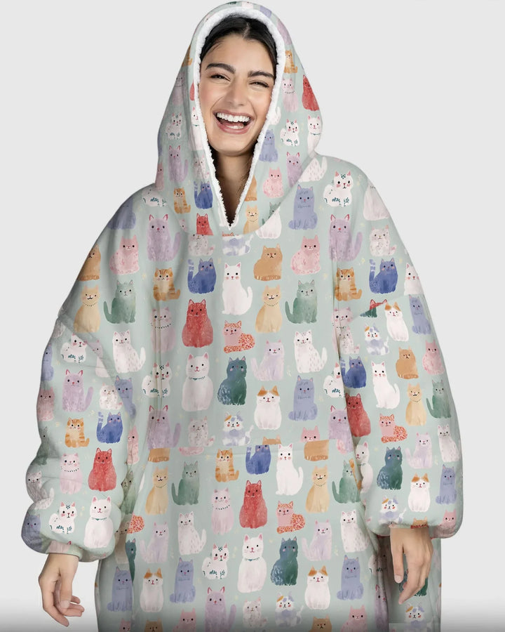 Enchanted Happy Kitty Family Matching Custom Bamboo Blanket Hoodie