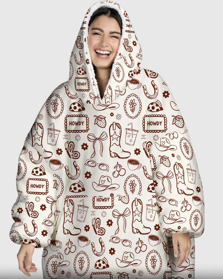 Doodle Wild West Cowgirl Wearable Bamboo Blanket Hoodie