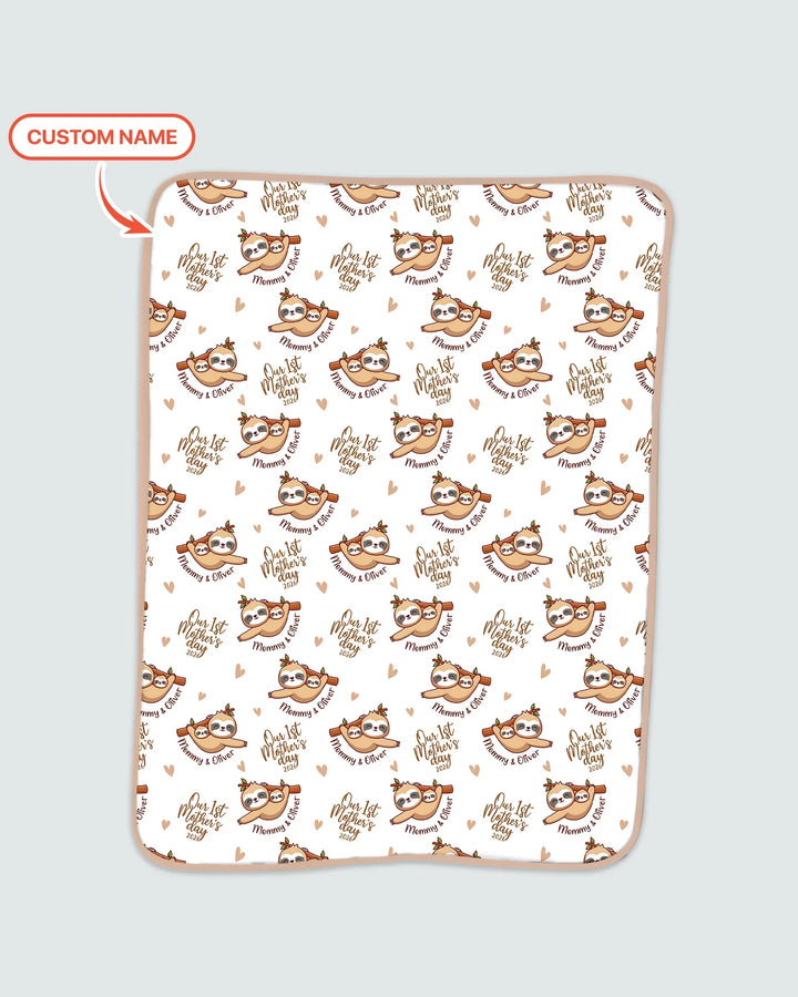 Custom Name Mama & Baby Sloth – Our First Mother’s Day 2026 Bamboo Blanket