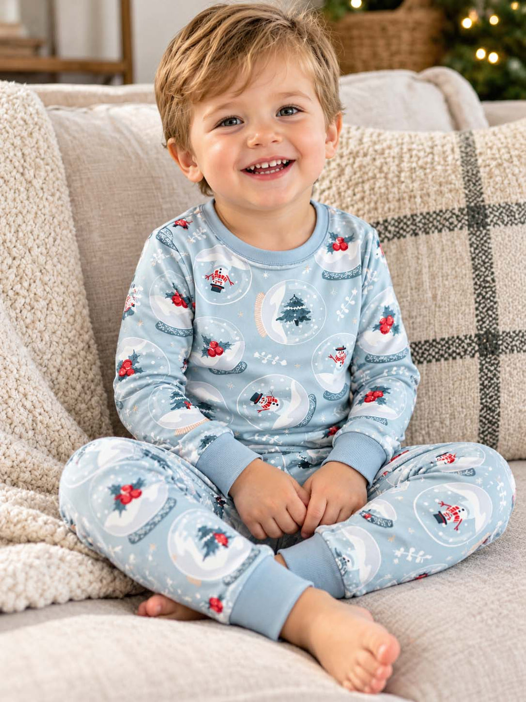 Blue Christmas Snow Globes Bamboo Two Piece Long Sleeve Pajama Set