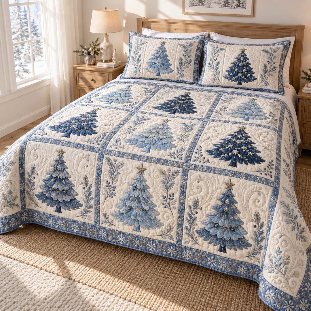 Blue Christmas Tree Patchwork Bamboo Quilt Bedding Set