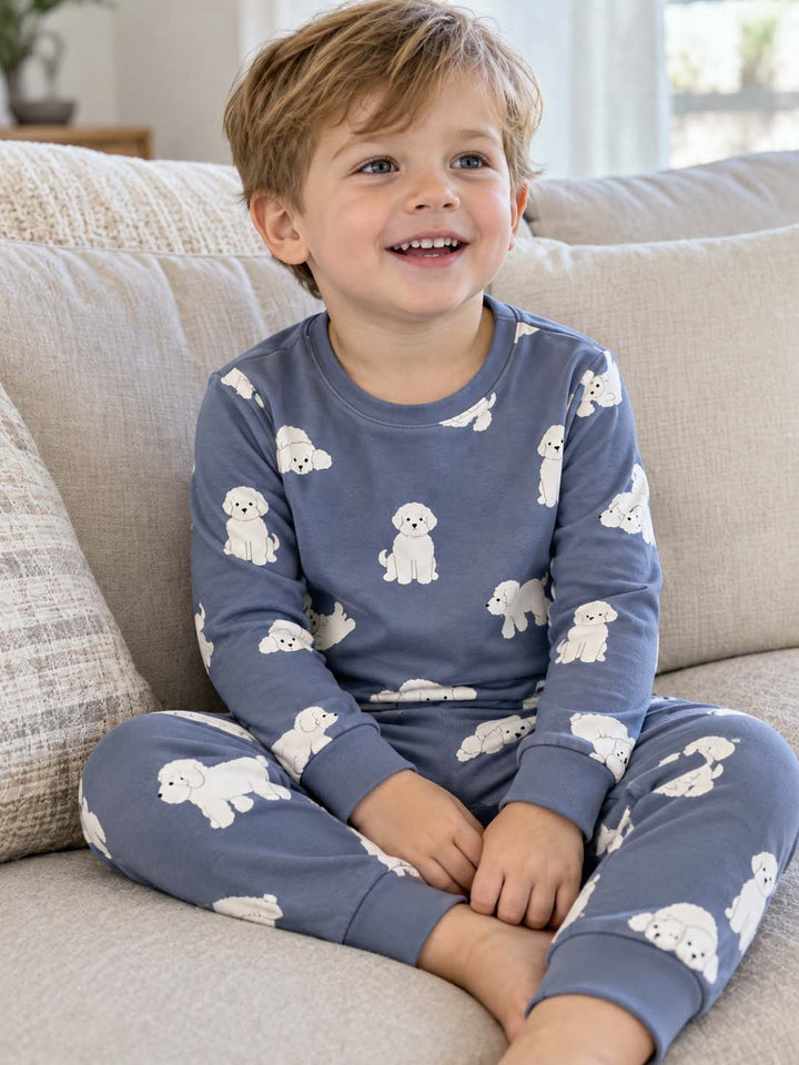 Blue Cozy White Poodle Bamboo Two Piece Long Sleeve Pajama Set