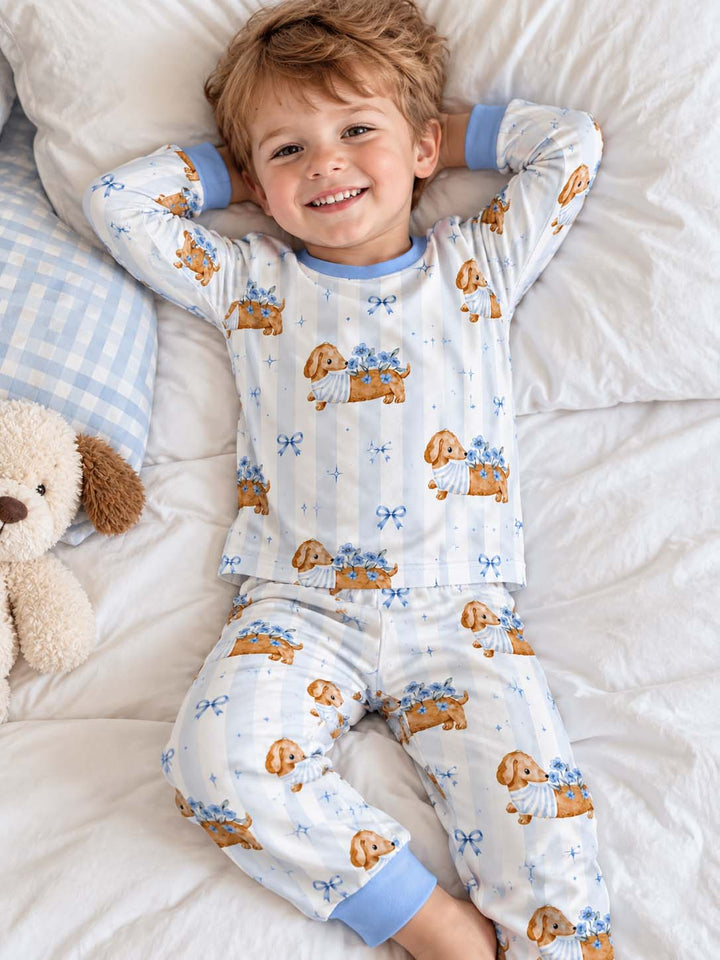 Blue Floral Dachshund Bow Bamboo Two Piece Long Sleeve Pajama Set