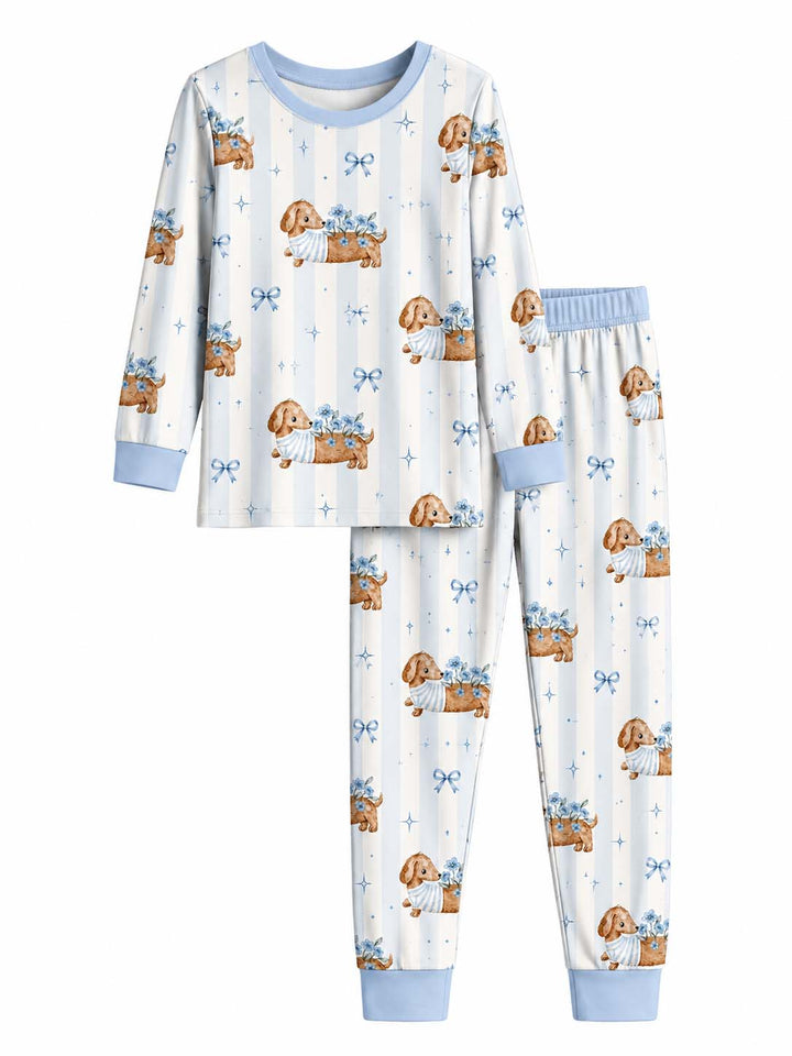 Blue Floral Dachshund Bow Bamboo Two Piece Long Sleeve Pajama Set