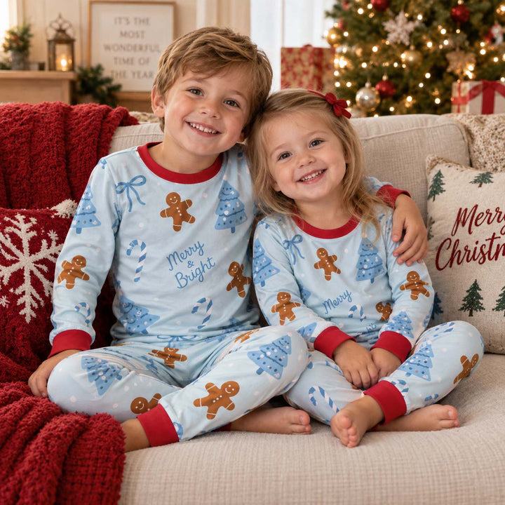 Blue Gingerbread Christmas Bamboo Two Piece Long Sleeve Pajama Set