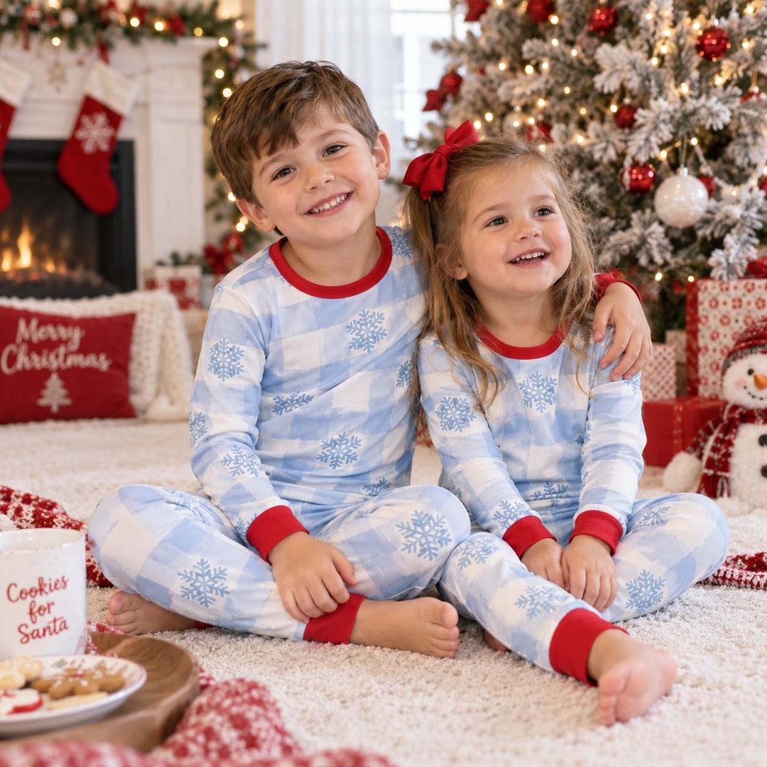 Blue Gingham Snowflakes Bamboo Two Piece Long Sleeve Pajama Set