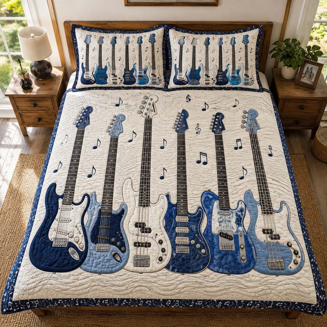 Blue Guitar Ensemble Bamboo Quilt Bedding Set