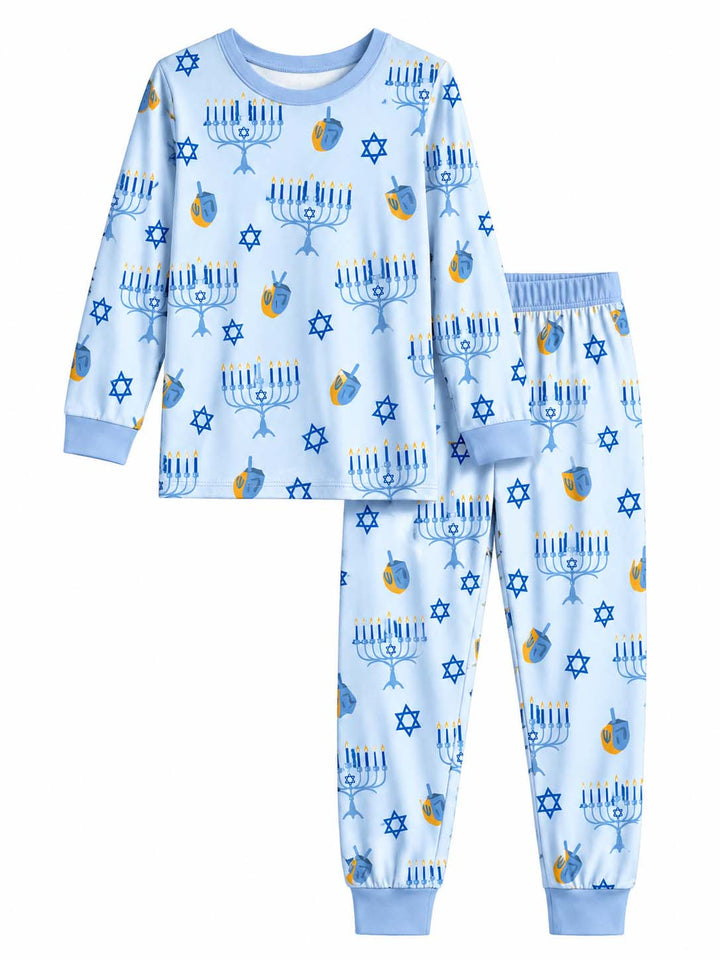 Blue Hanukkah Symbols Bamboo Two Piece Long Sleeve Pajama Set