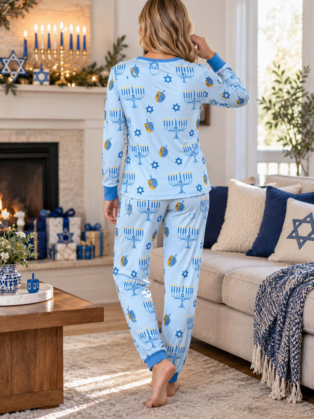 Blue Hanukkah Symbols Bamboo Women Pajama Set