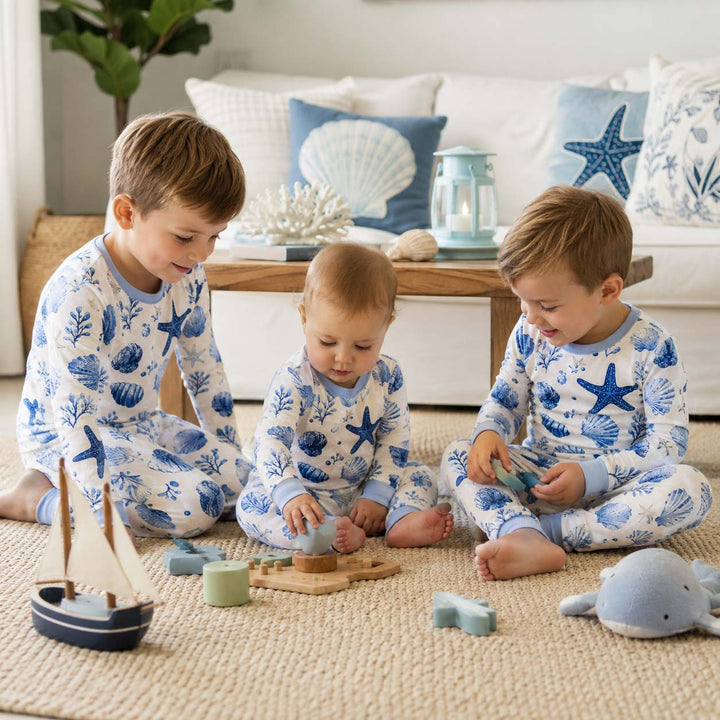Blue Seashell Garden Bamboo Two Piece Long Sleeve Pajama Set