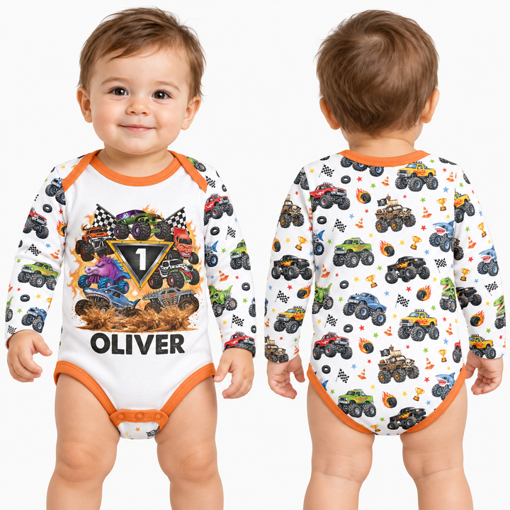 Personalized Monster Trucks Birthday Boy Bamboo Bodysuit