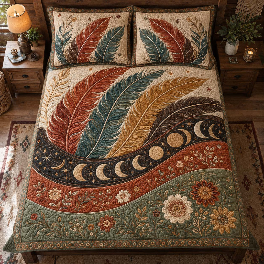 Boho Feather Moon Bamboo Quilt Bedding Set