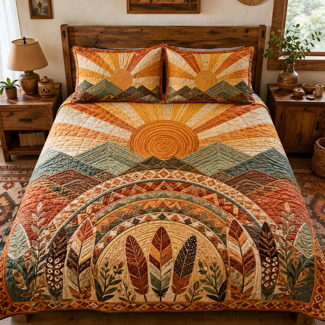 Boho Feather Sunrise Bamboo Quilt Bedding Set