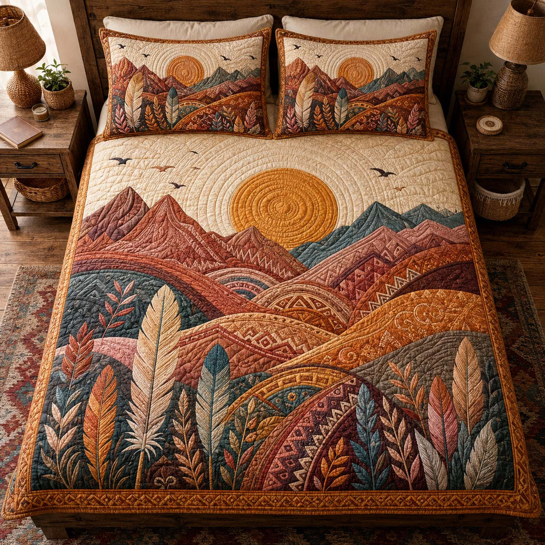 Boho Mountain Feathers Bamboo Quilt Bedding Set