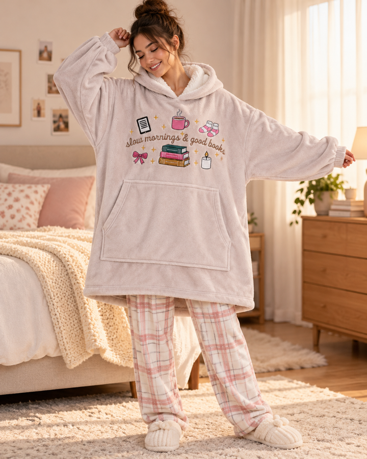 Slow Morning And Good Books Embroidered Blanket Hoodie