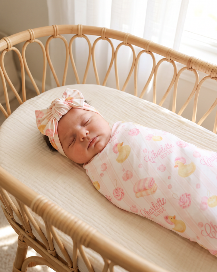 Personalized Bubble Duckies Pink Bamboo Swaddle Blanket