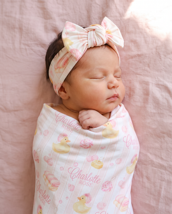 Personalized Bubble Duckies Pink Bamboo Swaddle Blanket