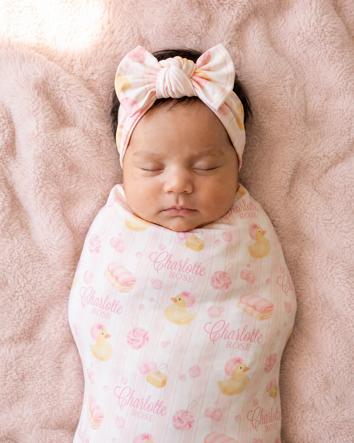 Personalized Bubble Duckies Pink Bamboo Swaddle Blanket