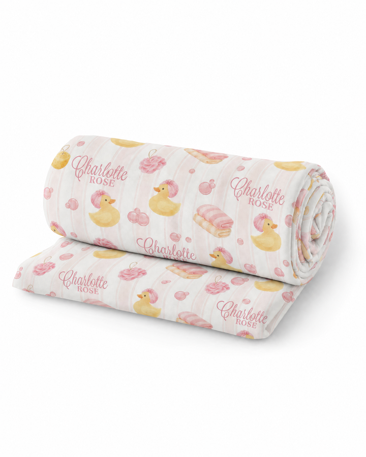 Personalized Bubble Duckies Pink Bamboo Swaddle Blanket