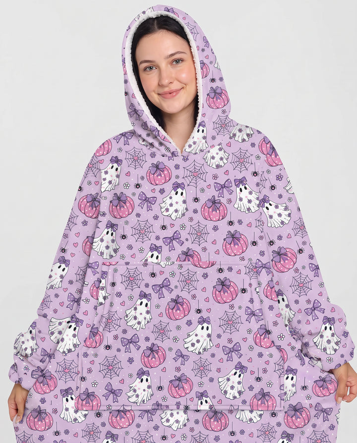 Purple Bow Ghost Halloween Bamboo Blanket Hoodie