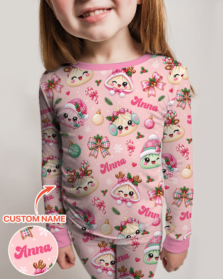 Custom Name Kawaii Christmas Dumpling Bamboo Two Piece Long Sleeve Pajama Set