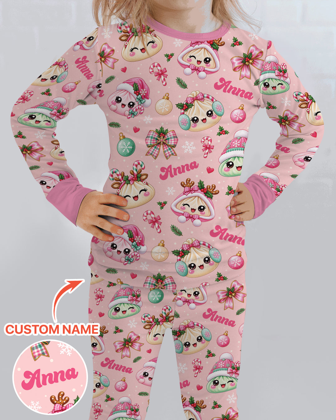 Custom Name Kawaii Christmas Dumpling Bamboo Two Piece Long Sleeve Pajama Set