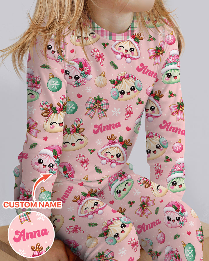 Custom Name Kawaii Christmas Dumpling Bamboo Two Piece Long Sleeve Pajama Set