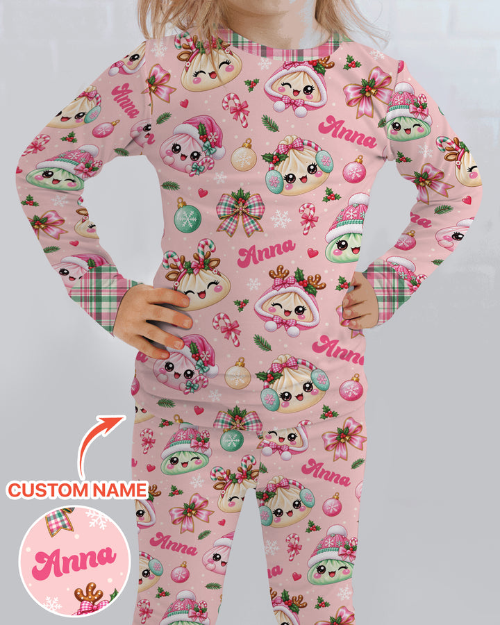 Custom Name Kawaii Christmas Dumpling Bamboo Two Piece Long Sleeve Pajama Set