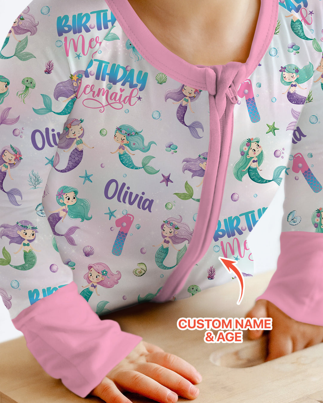 Custom Name and Age Birthday Mermaid Bamboo Convertible Zippy